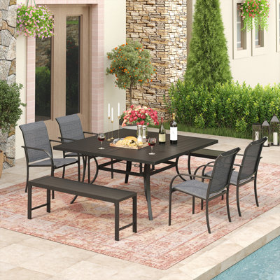 7-Piece Patio Set Featuring 59" Square Table, 4 Stackable Chairs, and 2 Benches