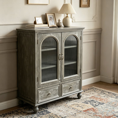 Armoire de rangement, garde-manger en bois vieilli avec 2 portes en verre et 2 tiroirs