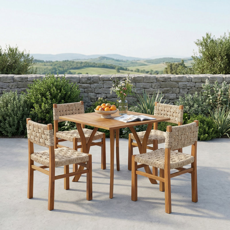 Ensemble repas 5 pièces en bois d'acacia avec osier tissé à la main Capri, Osier / teck gris clair