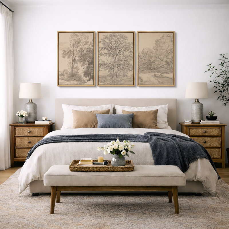 Rustic Countryside "Vintage Sketch Forest Tree Landscape Artwork, French Country Neutral Classic Wall Pictures, Framed Canvas Giclée Print 3 Pieces Wall Art" 16"x24"x3 pcs, 24"x36"x3 pcs
