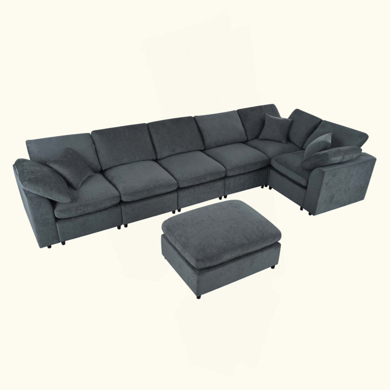 Très grand canapé modulaire à 7 places U_Style avec design en forme de L et repose-pieds mobile, tissu chenille moelleux et structure en bois de pin massif pour le salon, le bureau et l'espace spacieux