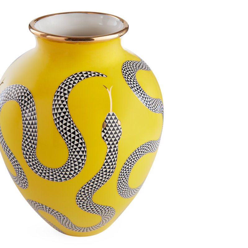 Yellow Porcelain Round Table Vase with Serpent Design
