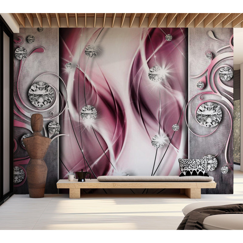 Muraux glamour tourbillons et diamants, L 9,17 pi x l 13,08 pi, Rose / gris, Non-Woven