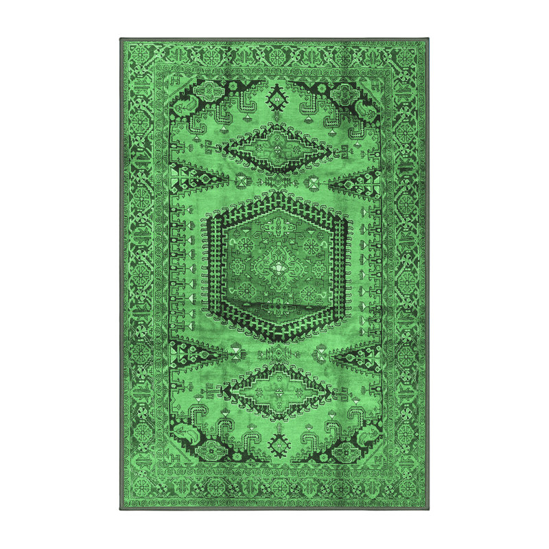 Tapis oriental en laine / polyester tissé à la machine en vert / gris / noir, Rectangle 4 pi x 6 pi