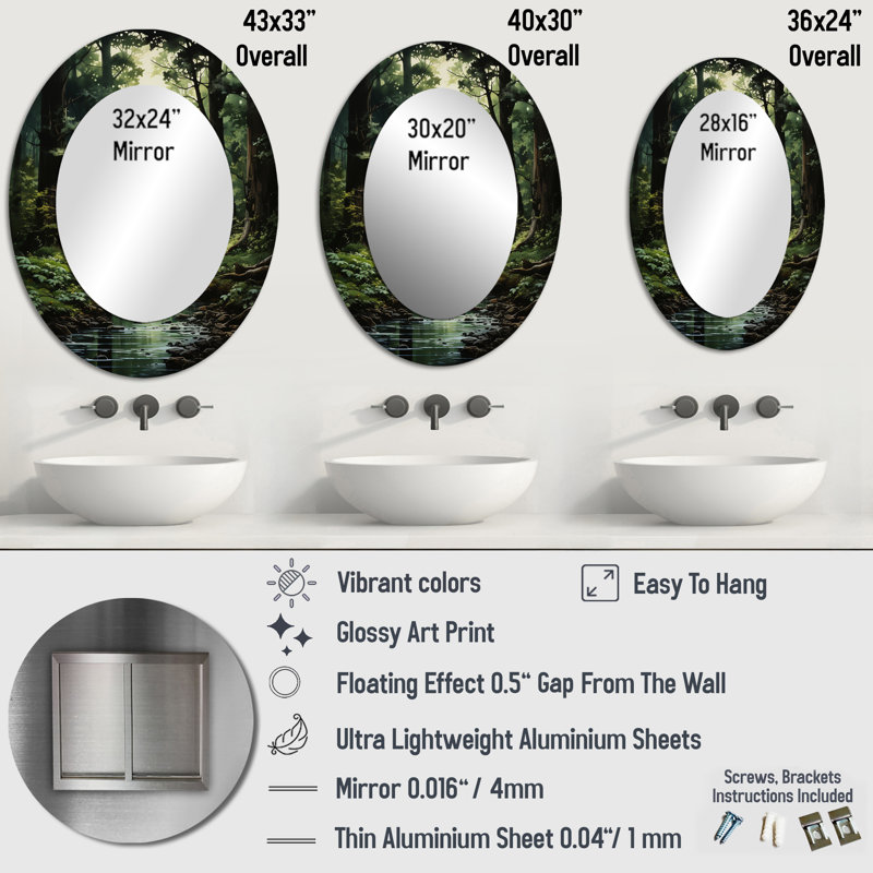River Into Enchanted Woods I - Large Oval Wall Mirror On Metal, 36" x 24"