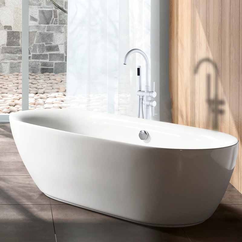 White Metal Freestanding Bathtub Faucet And Hand Shower. 46.97" Depth, 6.37" Width. Build, . Full Coverage Spray For Enhance Bathroom Look With Shower In Metal. 46In 6.5In Craftsmanship, Corrosion