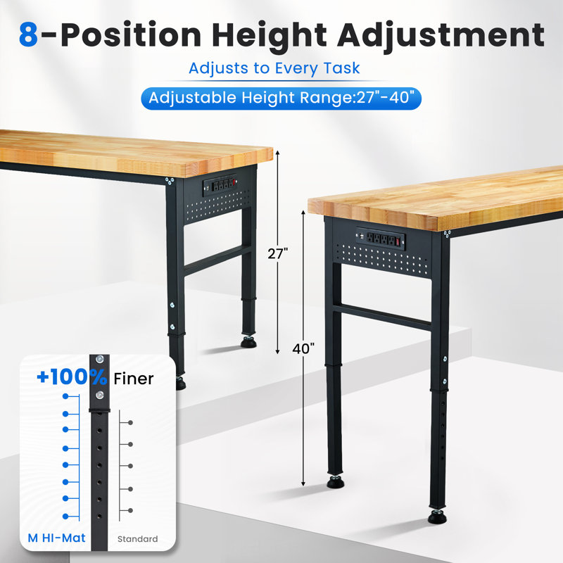 Table de travail robuste en bois massif, table de travail réglable avec multiprise et panneau perforé pour garage