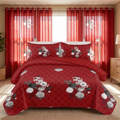 9-Piece Modern Red & Black Geometric Complete Bed in a Bag: Water Repellent Quilted Bedspread, 2 Shams, and 6-Panel Light Filtering Grommet Curtains - Transitional Coverlet Set