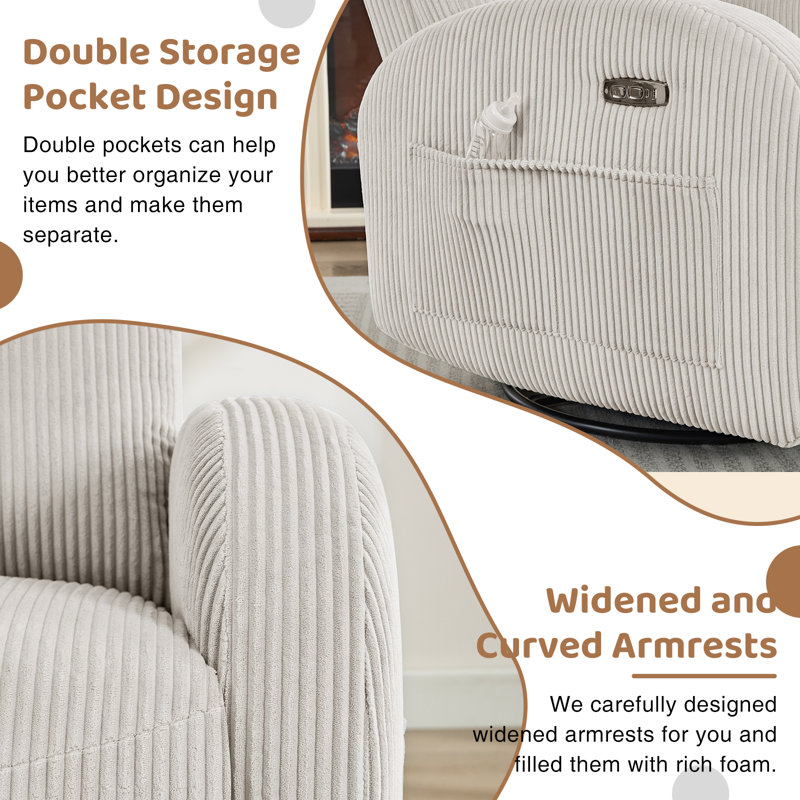 Delba 37"W Power Swivel Rocker Glider Nursery Recliner with USB & Type-C Port,Round Armrest and Double Pockets