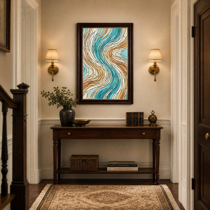 Tableau sur toile « Vagues en vitrail turquoise et beige », 18"H x 12"W
