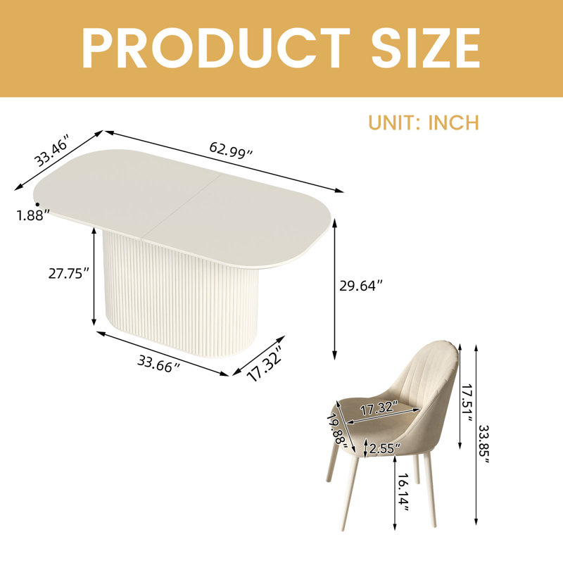 Ensemble de table de salle à manger 62,99 "Modern, H 29,64 po x L 62,99 po x l 33,46 po, 7 pièces : table, 6 chaises