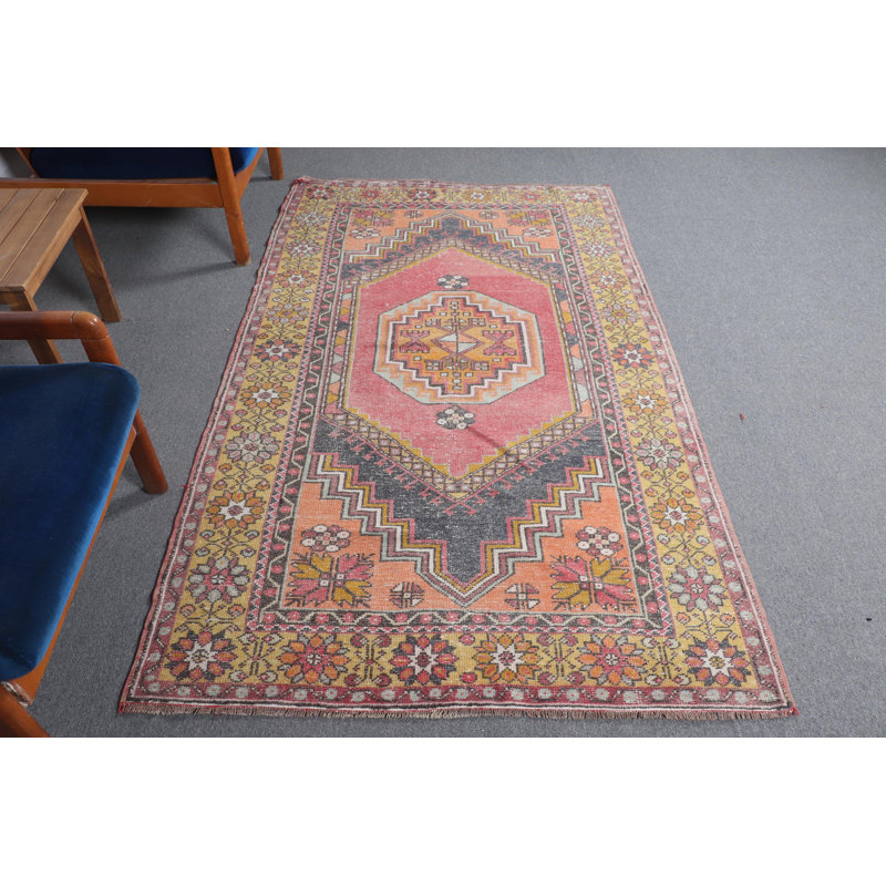 Vintage Yellow Turkish Rug: Antique Boho Chic Area Rug Perfect for Living Room Decor
