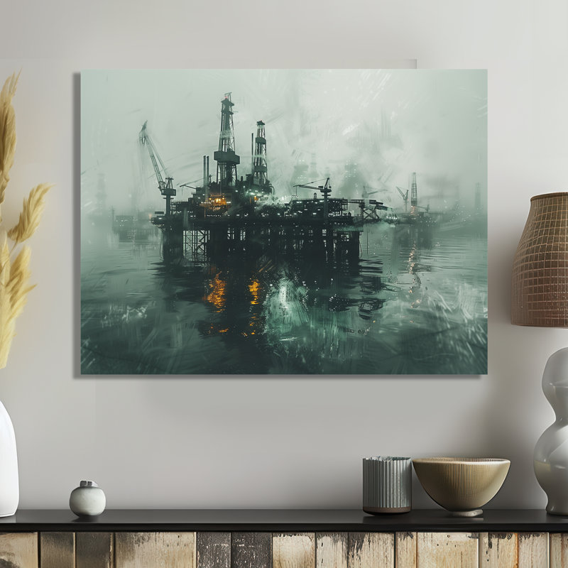 Décoration murale gris et vert Winter Drilling Dynamics Oil Rig II - Oil Rigs / Fields, Cadre photo noir, 24" H x 32" W