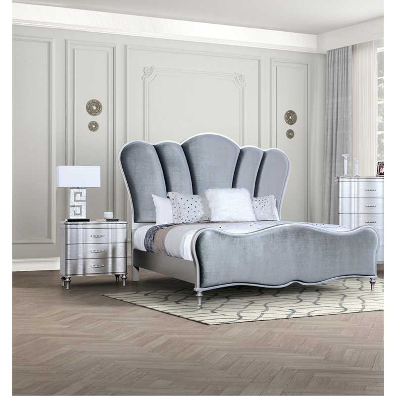 Ensemble de chambre à coucher 3 pièces, Grand lit, Argent argent
