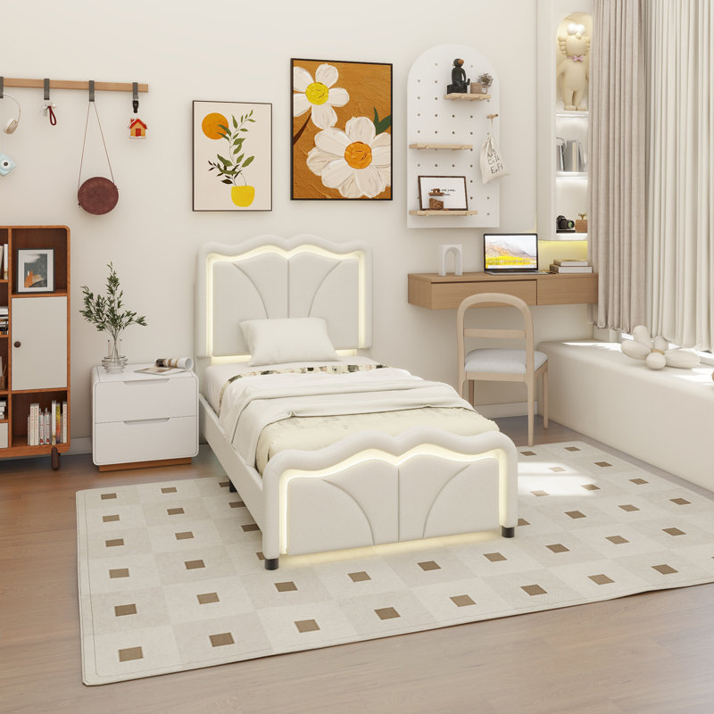 Lit plateforme tapissier avec tête de lit courbée et à hauteur ajustable, bandes lumineuses à DEL, Simple, Blanc