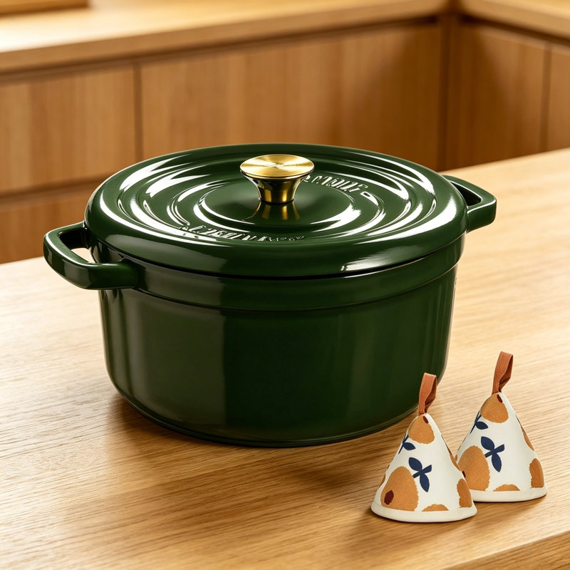 Cocotte en fonte verte émaillée - 4,5 pintes avec couvercle, livre de recettes gratuit et gants de cuisine - la marmite polyvalente pour la cuisson, la cuisson et la cuisson
