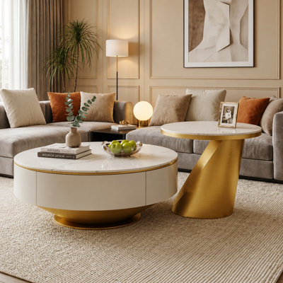 Modern 2-Piece Round Nesting Coffee Table Set With Faux Marble Top & Storage Drawers, Fully Assembled
