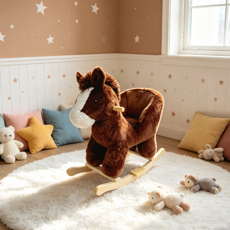 Plush Rocking Horse with Sound Effects, Safe Animal Toddler Ride-On Toy With Handlebars & Safety Belt & Footrests, Indoor/Outdoor Rocker for Kids Ages 1–3
