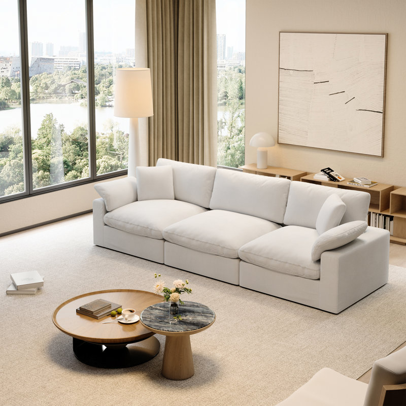 Upholstered Cloud Sofa Loveseat, Modular Sectional Sofa for Living Room, Bedroom, White, 3