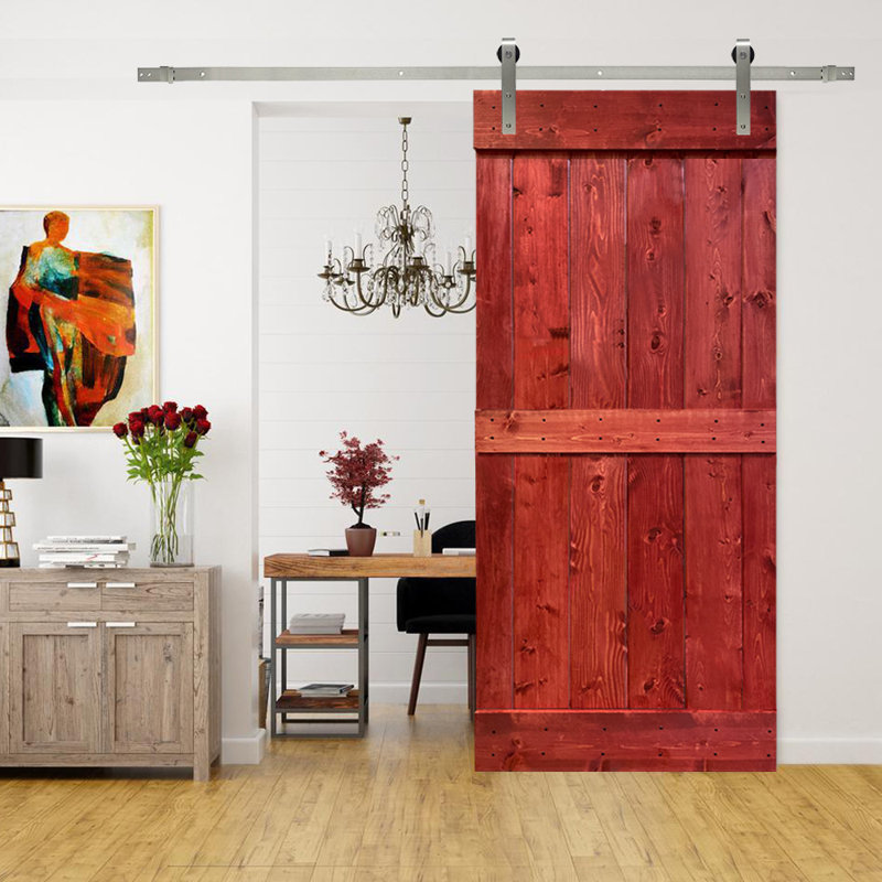 Panelled Wood Stained Mid-Bar Series Pre Assembled Barn Door With Sliding Hardware Kit, Cherry Red