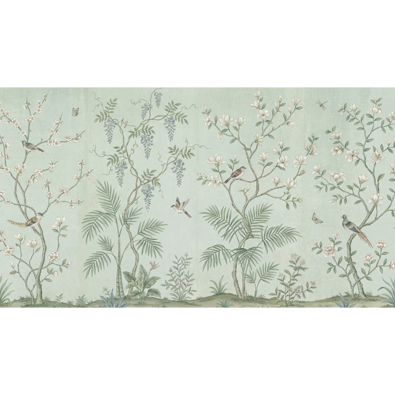 Papier peint floral oiseaux traditionnels, 100 po x 96 po, Peler et coller