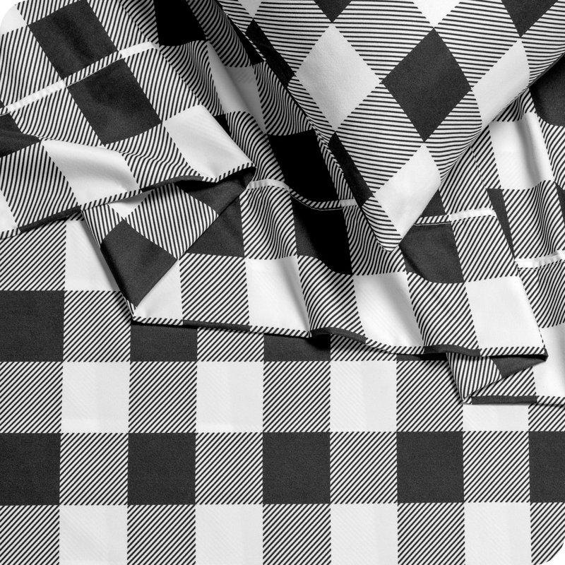 Ensemble de draps en micro-fibre, Ensemble de draps pour lit simple TG + un drap-hou, Motif à carreaux Buffalo - blanc / noir