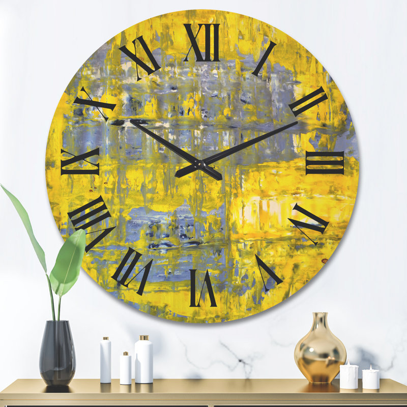 Horloge murale moderne en bois - jaune rencontre l'art abstrait gris I, Grand