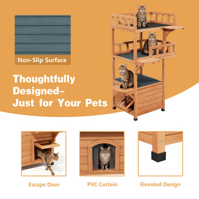 Weatherproof Cat House With 2 Escape Doors And Dual Fenced Balconies,natural