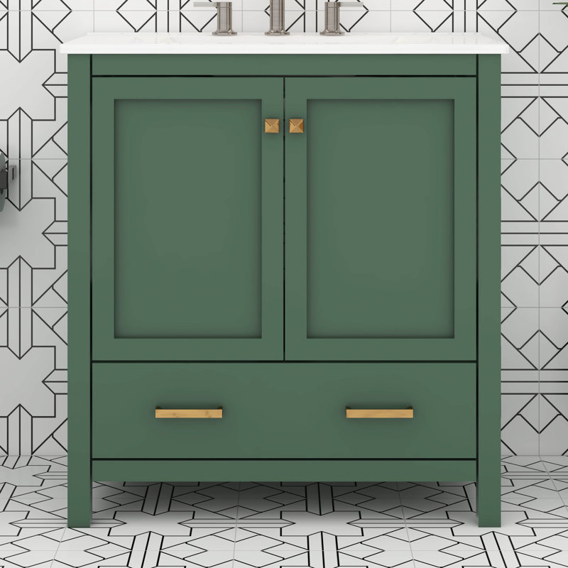 Meuble-lavabo de 30 po avec lavabo simple, armoire de rangement de salle de bain avec 2 portes et un tiroir, fermeture en douceur, structure en bois massif