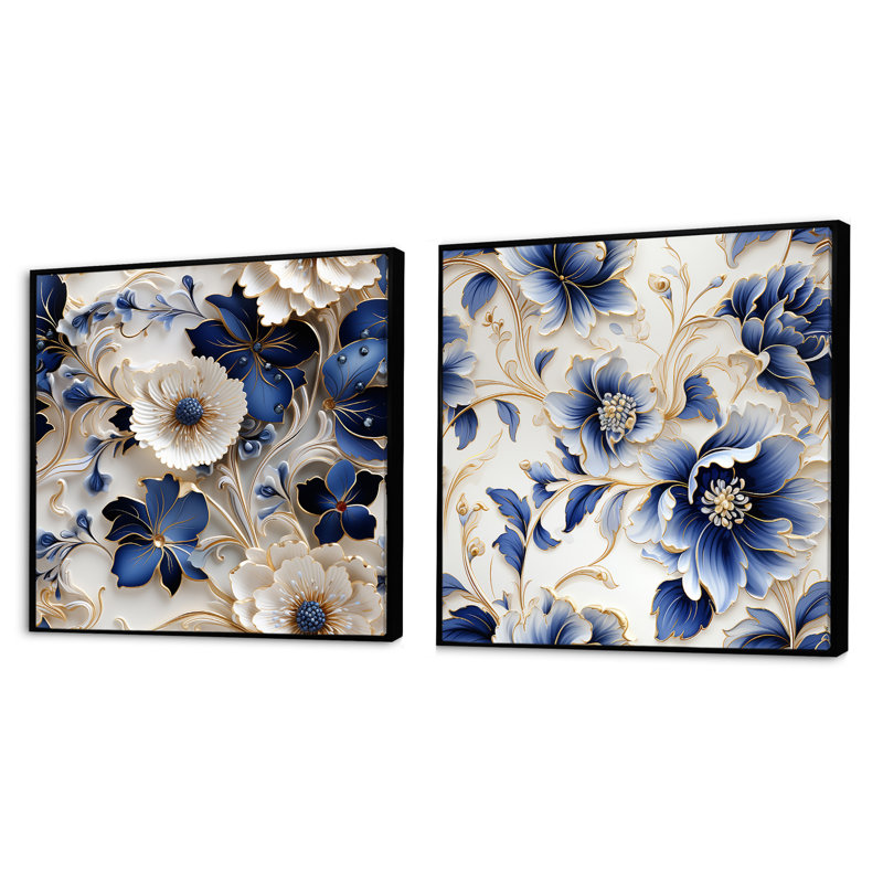 Austen - Ensemble de 2 collages floraux carrés, Cadre flottant noir, H 16 po x l 33 po