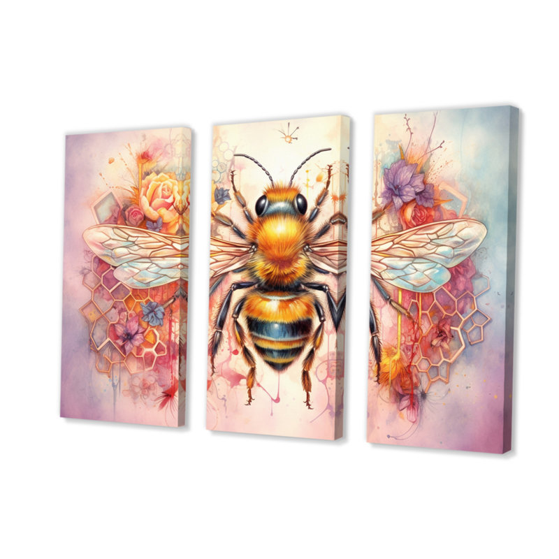 «Floral Bee I» sur toile, reproduction de 3 pièces, H 28 po x l 36 po x P 1 po