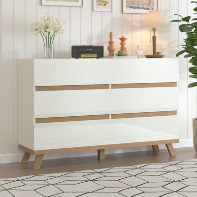 6 Drawer White Dresser For Bedroom, 47" Wide Dresser Chest Of Drawers, High Gloss Modern Dresser With Handle Free, Large Storage Organizer For Living by George Oliver