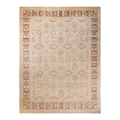 Tapis éclectique ivoire en laine noué à la main 9 pi 1 po x 12 pi 1 po