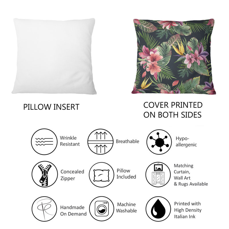 Fleurs tropicales mauves avec feuilles vertes II - coussin décoratif imprimé tropical 1