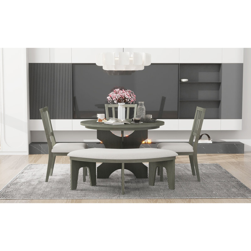 TREXM 5-Piece Rustic Charm Round Dining Set With 3 Upholstered Chairs And Curved Bench For Dining Room, Kitchen And Living Room (Grey)
