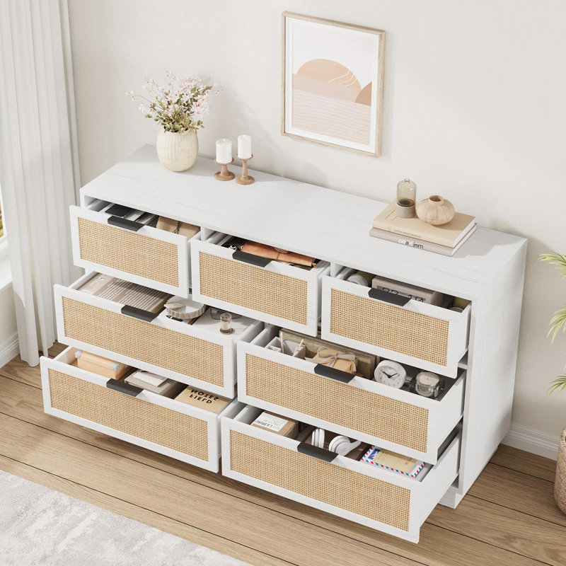 Commode 7 tiroirs et meuble télé en rotin Modern, Blanc