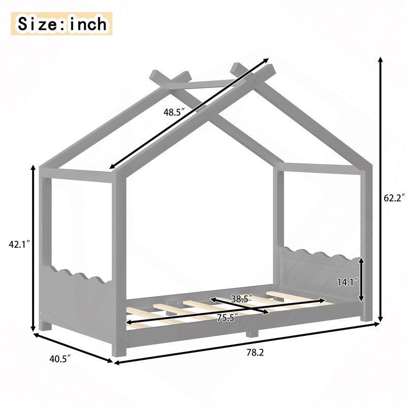 Lit de maison avec lattes de soutien, cadre de lit en bois massif pour enfants, aucun sommier tapissier et ouverture