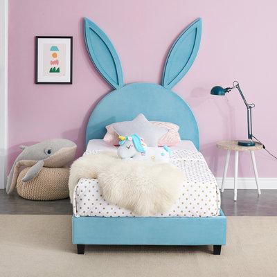 Cimahi Upholstered Twin Daybed Frame for Kids, Twin Platform Bed with Carton Ears Shaped Headboard, Wood by Everly Quinn