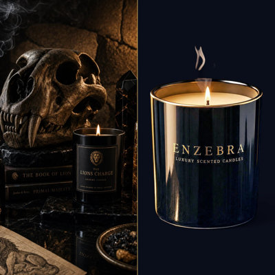 EnZebra Artisan Hand-Poured in the USA Candle - The Lion's Charge (Woody, Spice & Vanilla) in High Gloss Black Glass Tumbler, 12 oz