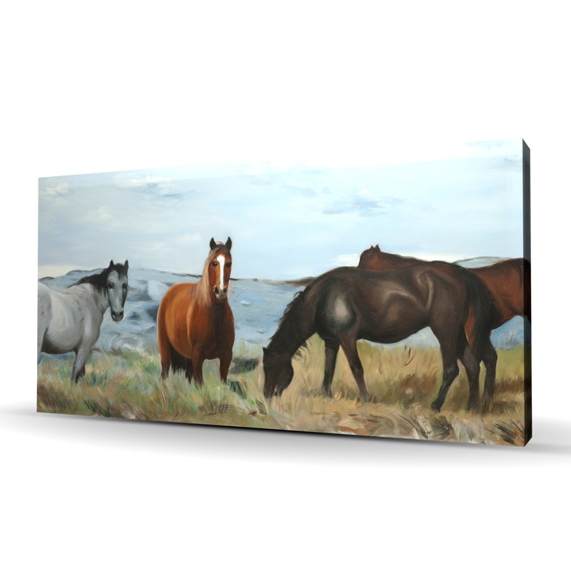 Chevaux mangeant dans la prairie - montagnes, décor sur toile brune