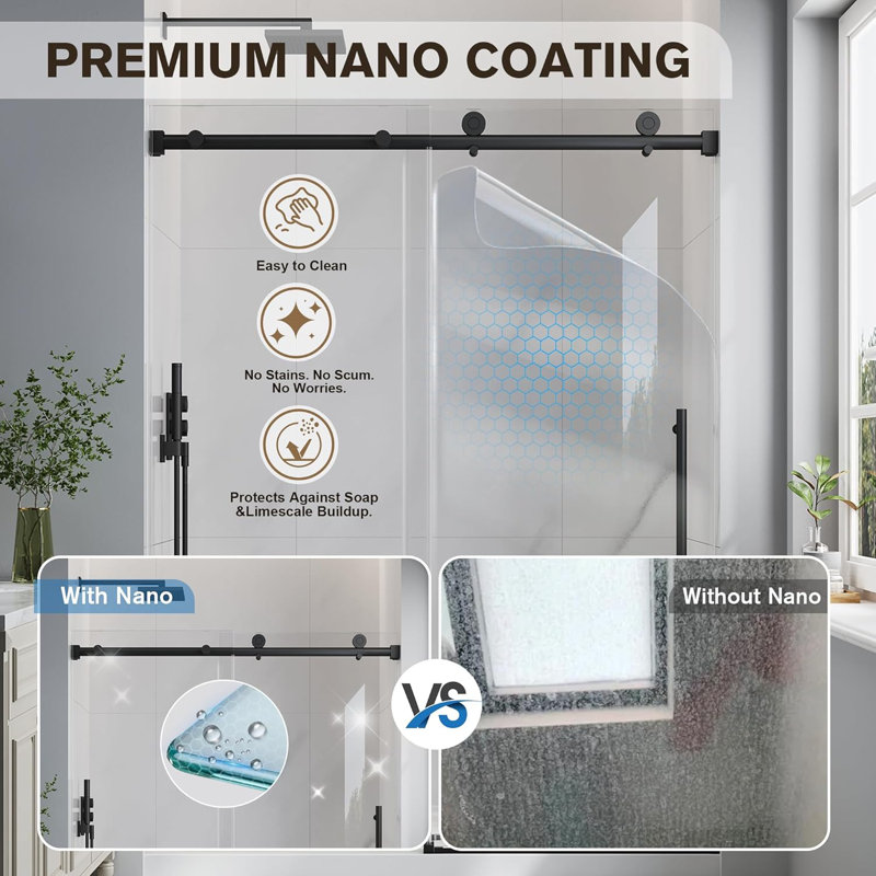 55"-60" W x 76" H Single Sliding Frameless Shower Door in Matte Black with 1/4" (6mm) Clear Tempered Glass, Aluminum Frame