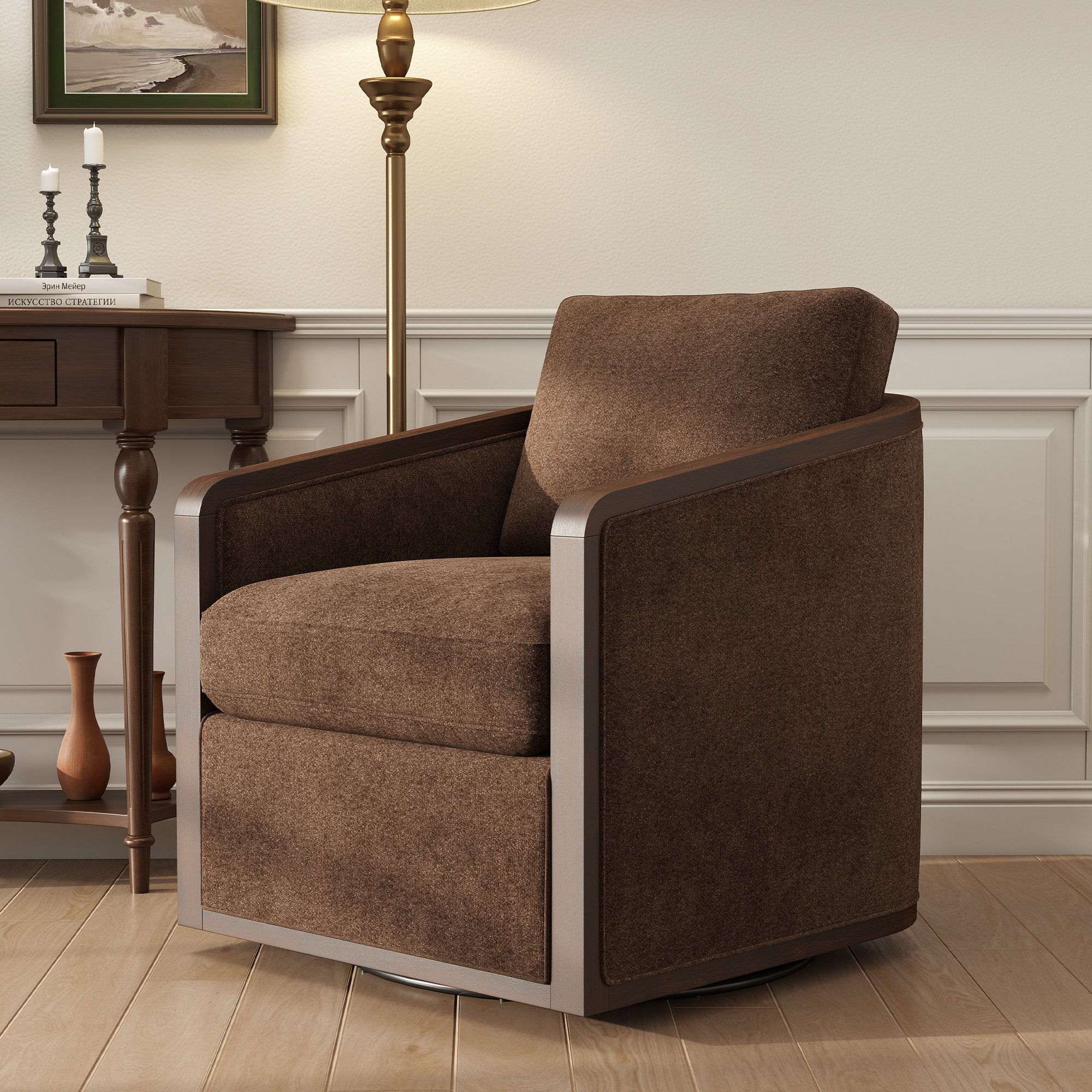  Clarisse Upholstered Swivel Chair, Dark Brown