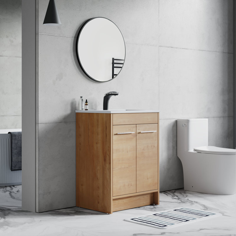 Grove Free Standing Single Bathroom Vanity with White Ceramic Sink, 2 Soft-Close Doors and 1 Adjustable Shelf, Floor Standing Vanity Set in Oak Natural