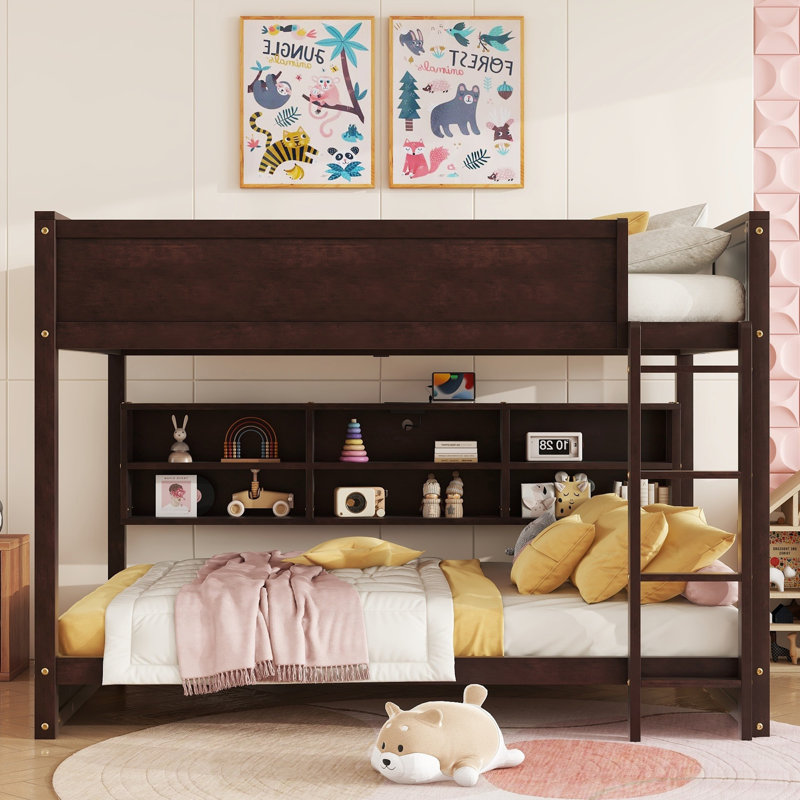 Queen Over Queen Bunk Bed with Built-in Storage Cabinets,Charging Station,Ladder,Safety Guardrails,Solid Pine Wood Bunk Bed