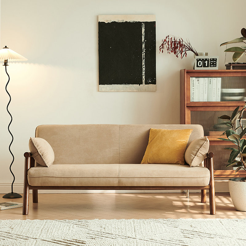 59.06"A tan chenille two-seater sofa with cushions., 30.31" H x 59.06" W x 28.74" D, 2