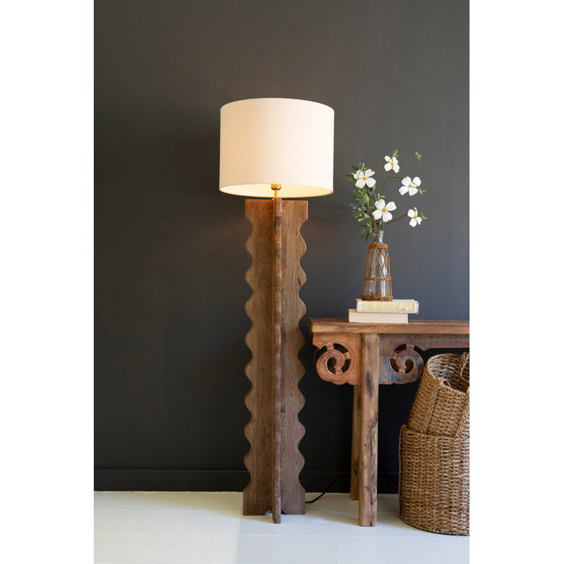  Wavy Mango Wood Floor Lamp with Fabric Shade Decorative Accent Lighting for Small Spaces Living Room Natural Wood Finish