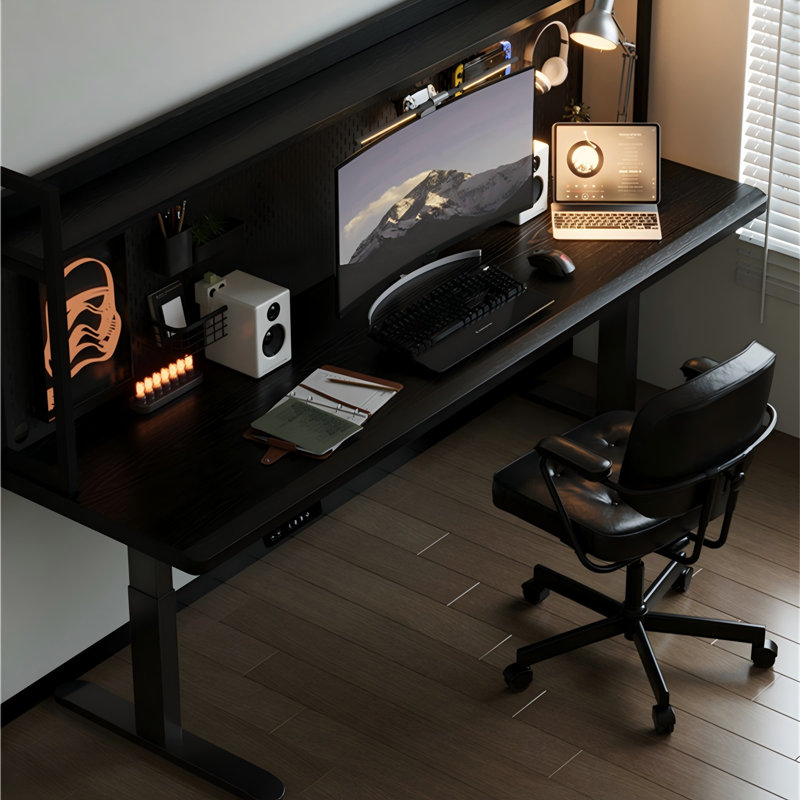 Bureau en bois massif à hauteur réglable 62,99 "avec tablettes et panneau perforé, H 46,46 po x l 62,99 po x P 23,62 po
