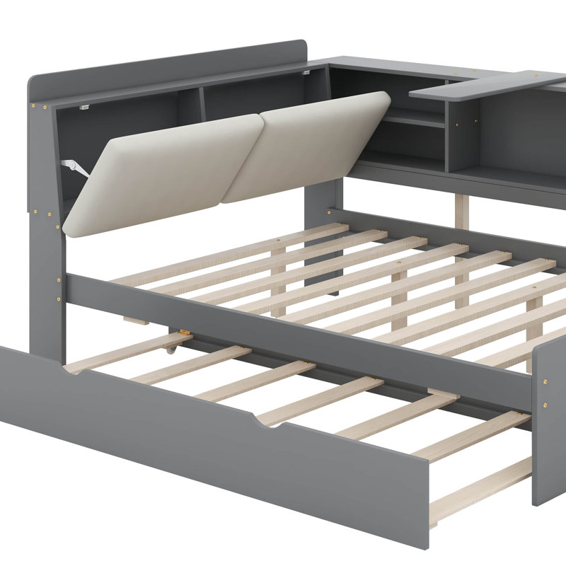 Full Size Platform Bed With Trundle, Shelves And Storage Headboard, Grey