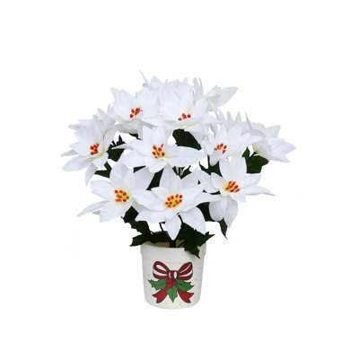 18" White Poinsettia Bush, Waterproof Artificial Flowers, 14 Bloom Stems – 4 Pieces