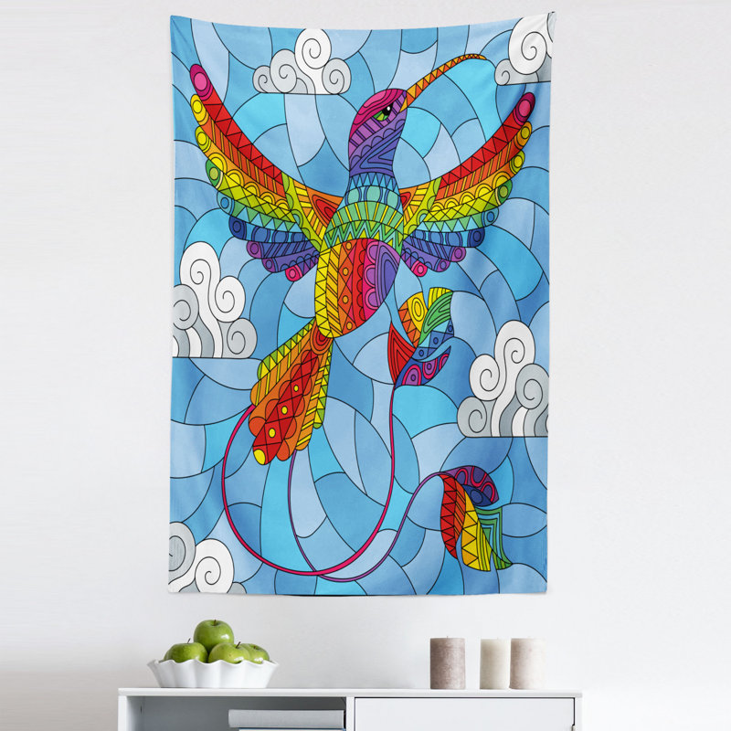 Hummingbird Clouds Sky Mosaic Illustration Tapestry, 114.3cm H x 76.2cm W